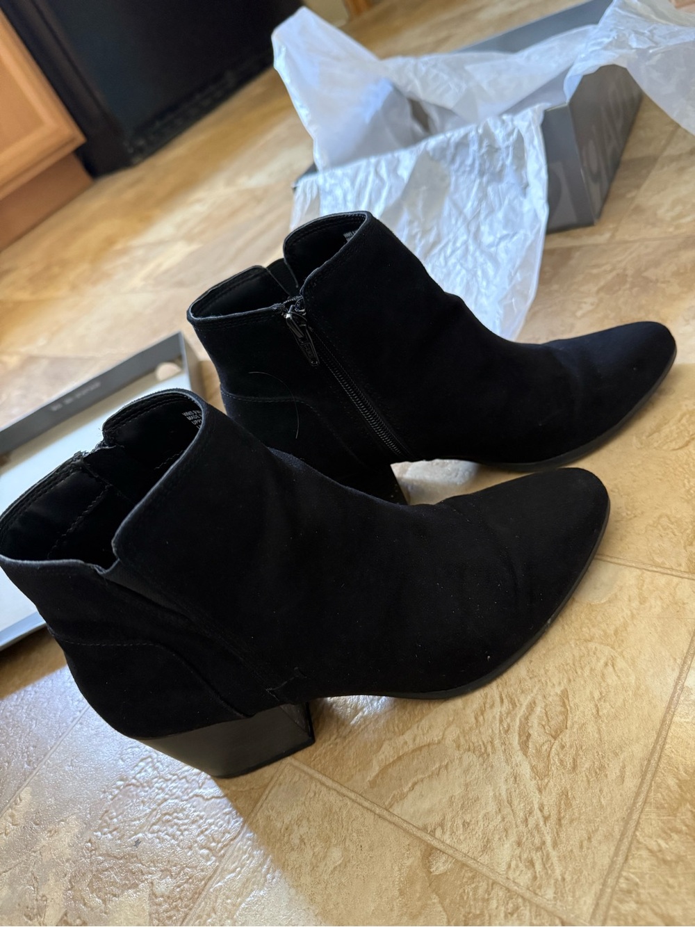 Good condition. Only worn a couple times. Black Suede Ankle Low Block Heel